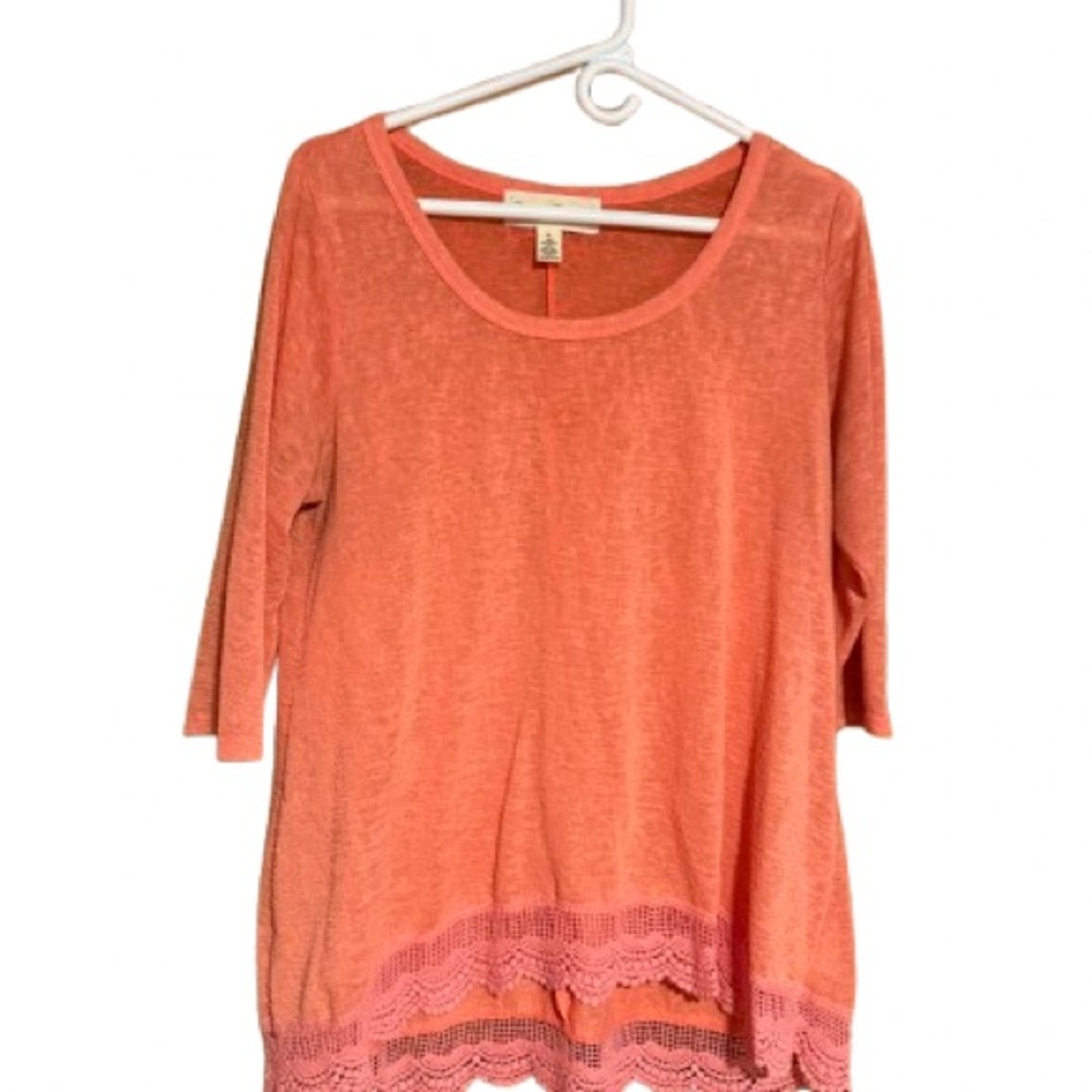 French Laundry Coral Long Sleeve Top with Lace Hem